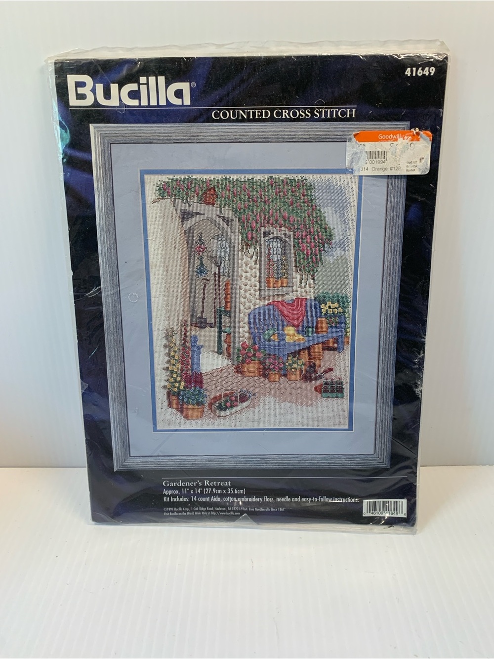 Bucilla Garden Courtyard Cross Stitch Art in Blue and Green